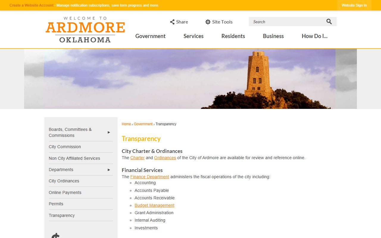 Ardmore city transparency page for criminal court records information