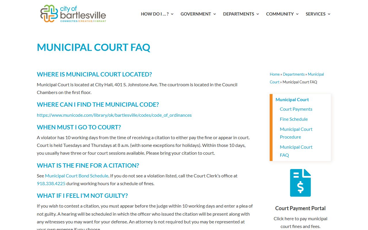 Bartlesville Municipal Court FAQ page for criminal court records