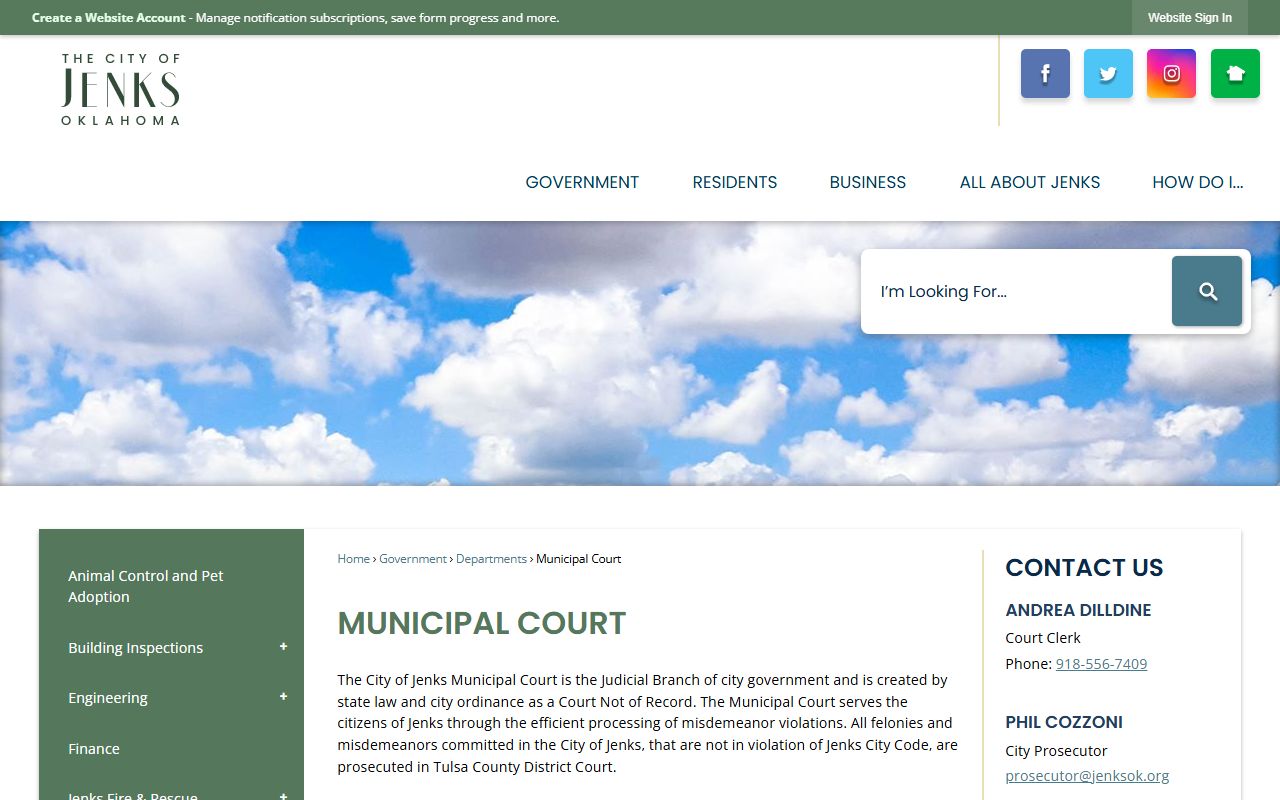 Jenks Municipal Court homepage for criminal court records
