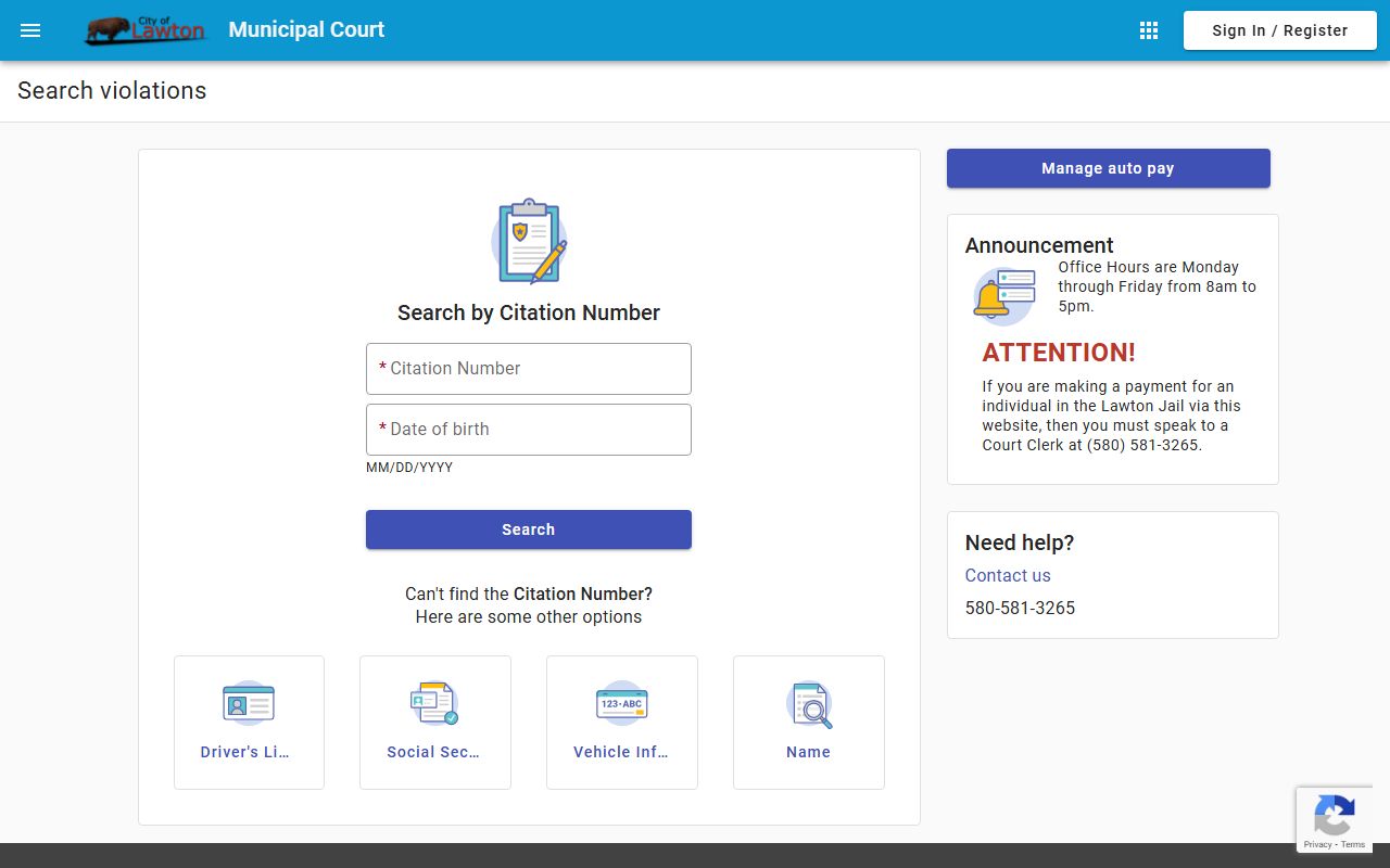 Lawton Municipal Court online payment search for criminal court records