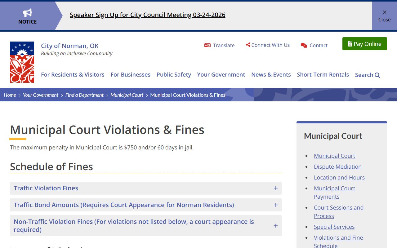 Norman criminal court records fine schedule page