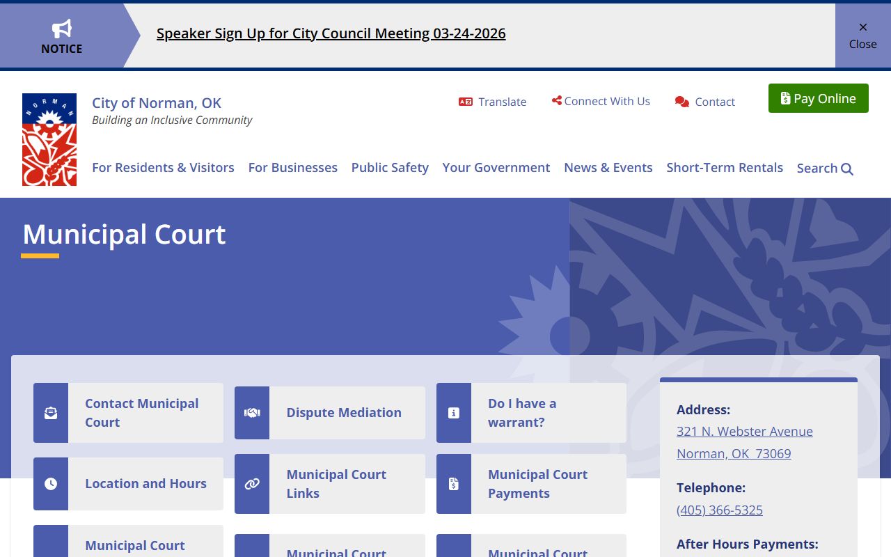 Norman Municipal Court homepage for criminal court records