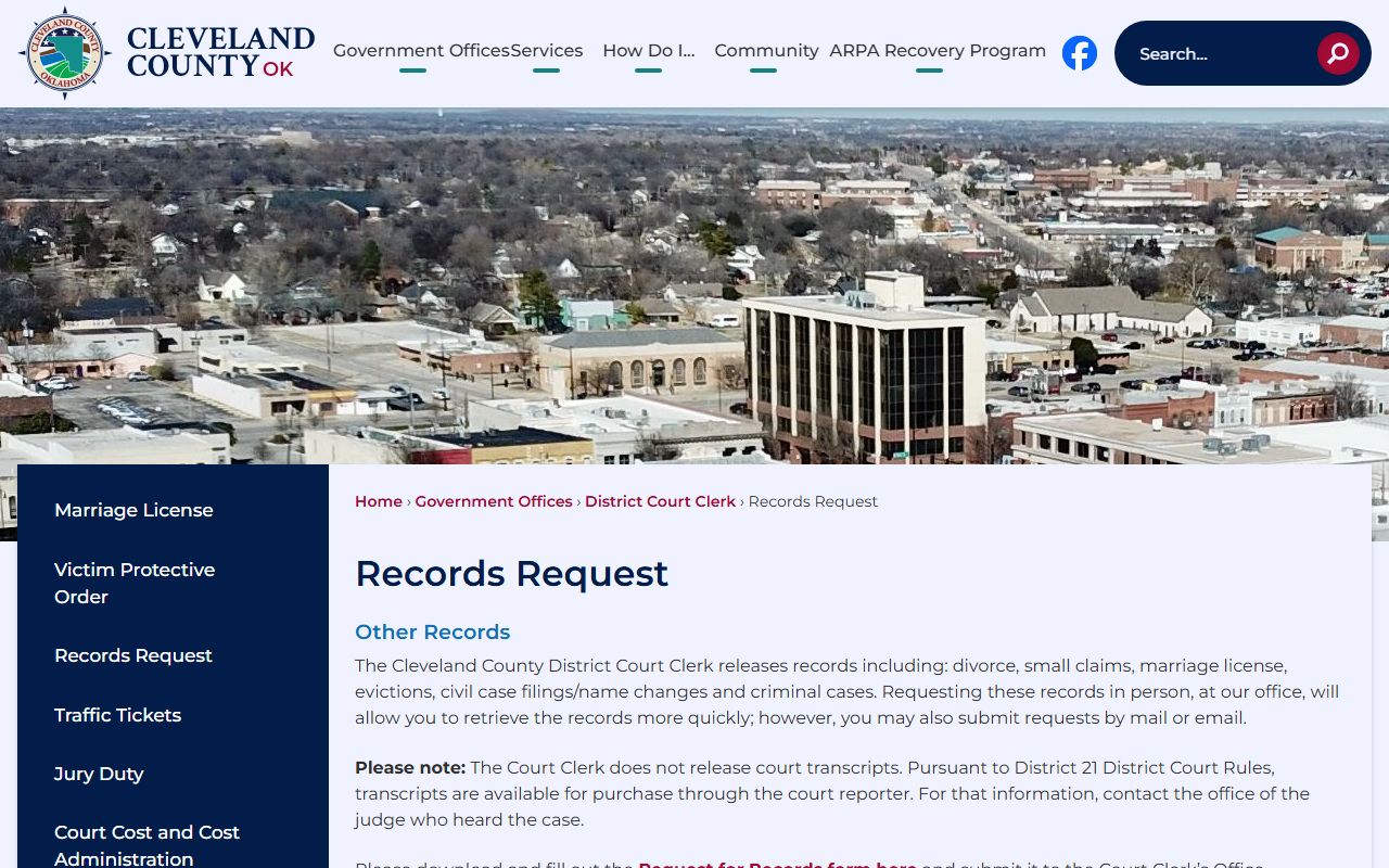 Cleveland County criminal court records request page