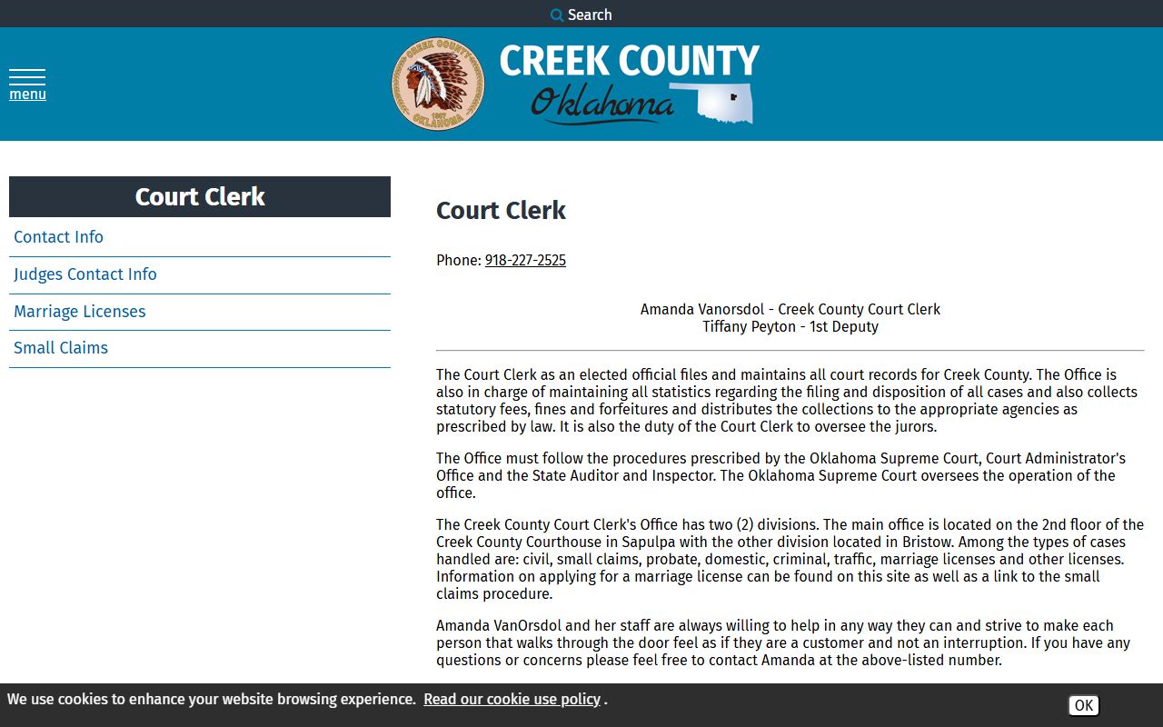 Creek County Court Clerk office information for criminal court records